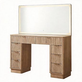 48" Fluted Vanity Desk with LED Mirror 8 Drawers Charging Station Glass Top