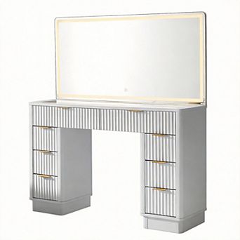 48" Fluted Vanity Desk with LED Mirror 8 Drawers Charging Station Glass Top