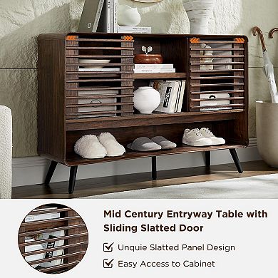 150 lbs, double-layered medieval-style console with louvered sliding doors and adjustable shelves.