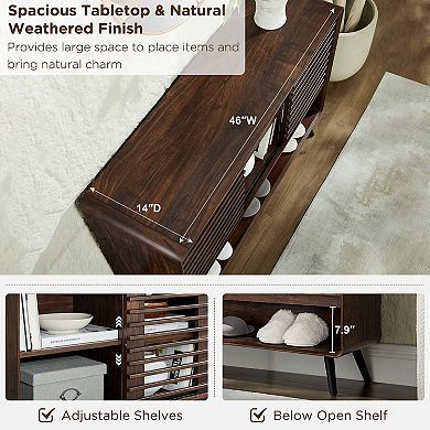 150 lbs, double-layered medieval-style console with louvered sliding doors and adjustable shelves.