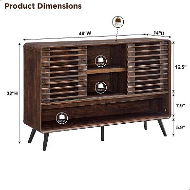 150 lbs, double-layered medieval-style console with louvered sliding doors and adjustable shelves.