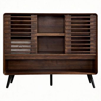 150 lbs, double-layered medieval-style console with louvered sliding doors and adjustable shelves.