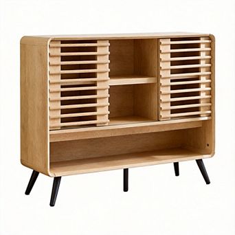 150 lbs, double-layered medieval-style console with louvered sliding doors and adjustable shelves.