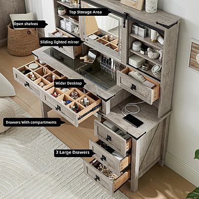 48" Farmhouse Vanity Desk with LED Mirror Glass Top 7 Drawers Charging Station