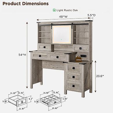 48" Farmhouse Vanity Desk with LED Mirror Glass Top 7 Drawers Charging Station