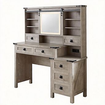 48" Farmhouse Vanity Desk with LED Mirror Glass Top 7 Drawers Charging Station