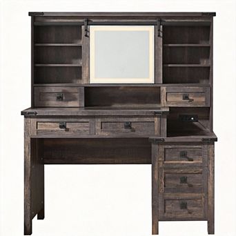 48" Farmhouse Vanity Desk with LED Mirror Glass Top 7 Drawers Charging Station