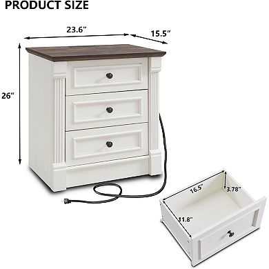2-Piece Farmhouse Style Bedside Table with Charging Station and Roman Columns for Country Bedroom