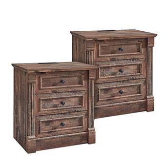 2 pc Farmhouse Style Bedside Table with Charging Station and Roman Columns for Country Bedroom