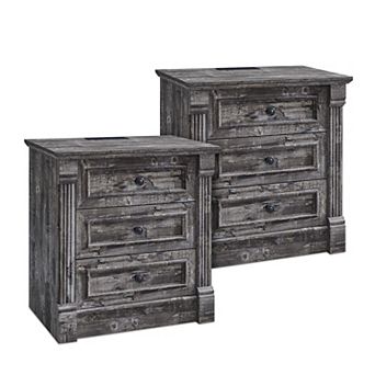 2 pc Farmhouse Style Bedside Table with Charging Station and Roman Columns for Country Bedroom