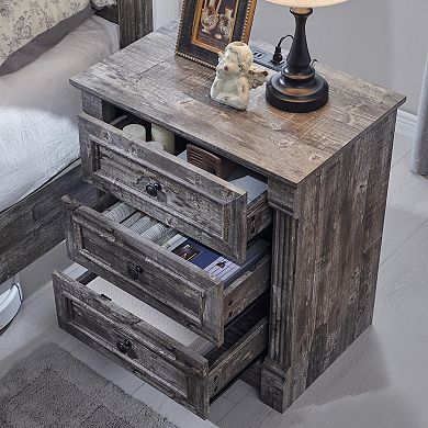 Farmhouse Nightstand Charging Station Roman Column 3-Drawer End Table