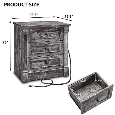Farmhouse Nightstand Charging Station Roman Column 3-Drawer End Table