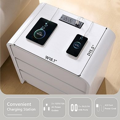 Two-piece modern wooden bedside table set with charging station and 3 drawers