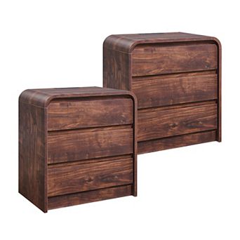 Two-piece modern wooden bedside table set with charging station and 3 drawers