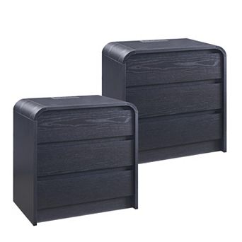 Two-piece modern wooden bedside table set with charging station and 3 drawers