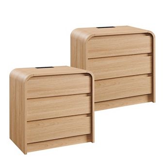 Two-piece modern wooden bedside table set with charging station and 3 drawers