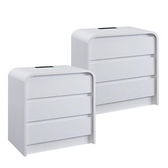 Two-piece modern wooden bedside table set with charging station and 3 drawers