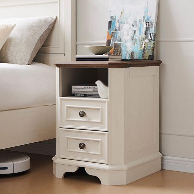 2-Piece Farmhouse Style Bedside Table with Charging Station and Double Drawers