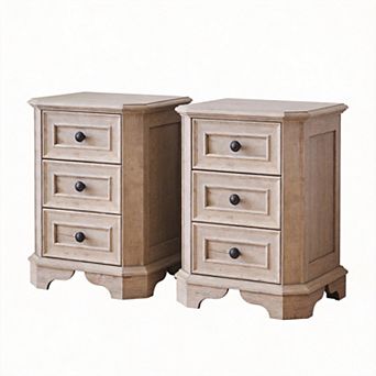 2 pc Farmhouse Style Bedside Table with Charging Station and Double Drawers