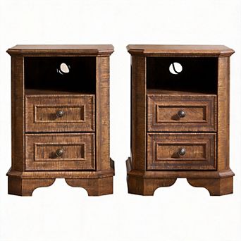 2 pc Farmhouse Style Bedside Table with Charging Station and Double Drawers
