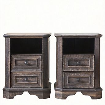 2 pc Farmhouse Style Bedside Table with Charging Station and Double Drawers