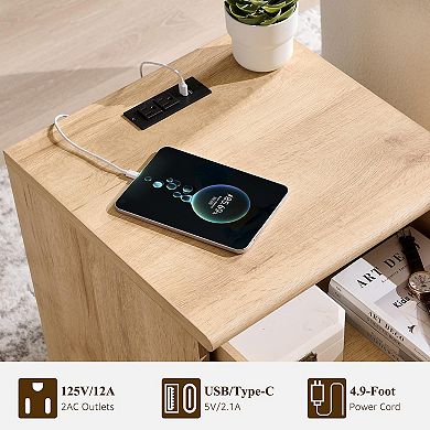 2-piece modern arched bedside table set with charging station drawer and shelf