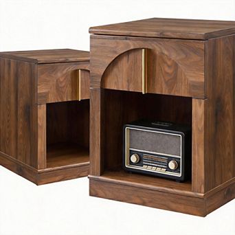 2 pc modern arched bedside table set with charging station drawer and shelf