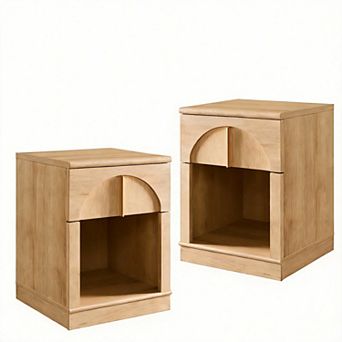 2 pc modern arched bedside table set with charging station drawer and shelf