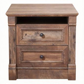 Farmhouse Nightstand Charging Station Drawers Open Shelf Roman Column