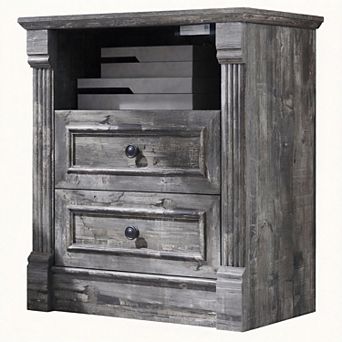 Farmhouse Nightstand Charging Station Drawers Open Shelf Roman Column