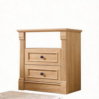 Farmhouse Nightstand Charging Station Drawers Open Shelf Roman Column