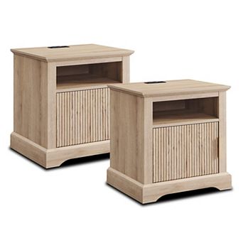 Two-piece built-in bedside table with charging station, open shelving and bedside table.