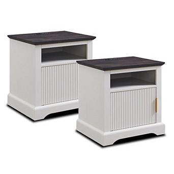 Two-piece built-in bedside table with charging station, open shelving and bedside table.
