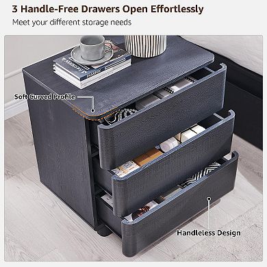 Modern Nightstand Charging Station Push-to-Open 3 Drawers Curved