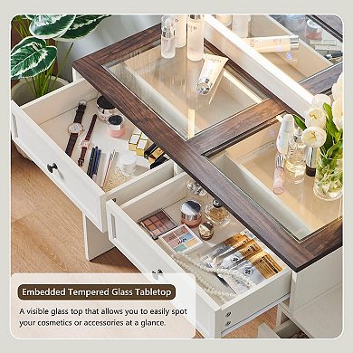 Farmhouse Vanity Desk Touch LED Mirror Glass Top Charging Station