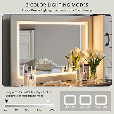 Farmhouse Vanity Desk Touch LED Mirror Glass Top Charging Station
