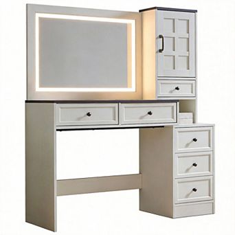 Farmhouse Vanity Desk Touch LED Mirror Glass Top Charging Station