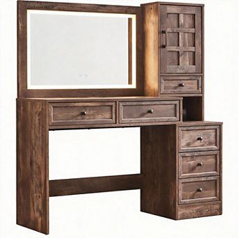 Farmhouse Vanity Desk Touch LED Mirror Glass Top Charging Station