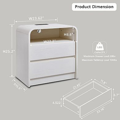 Two-piece medieval-style bedside table set with charging station, double drawers, and curved design.