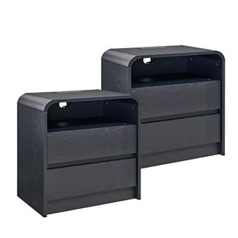 Two-piece medieval-style bedside table set with charging station, double drawers, and curved design.