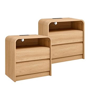 Two-piece medieval-style bedside table set with charging station, double drawers, and curved design.