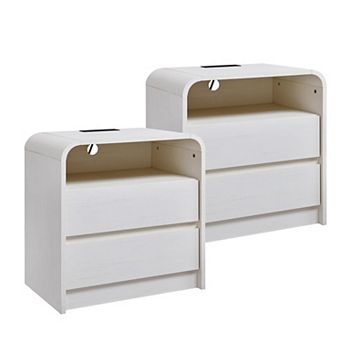 Two-piece medieval-style bedside table set with charging station, double drawers, and curved design.
