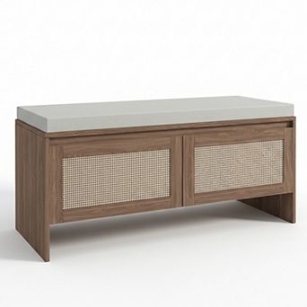 Homy Casa Rattan Storage Bench with Cushion, Entryway Shoe Bench