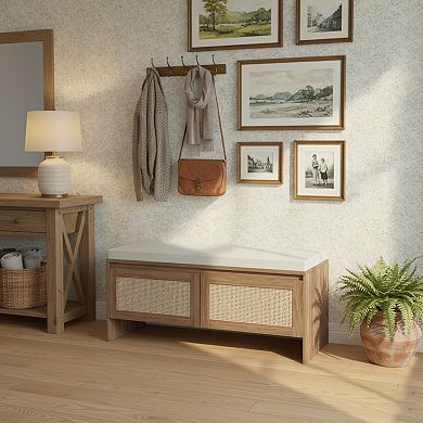 Homy Casa Rattan Storage Bench with Cushion, Entryway Shoe Bench