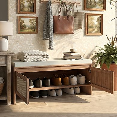 Homy Casa Rattan Storage Bench with Cushion, Entryway Shoe Bench