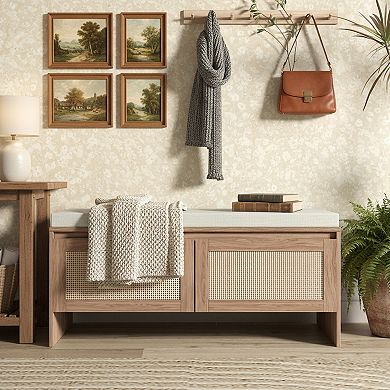 Homy Casa Rattan Storage Bench with Cushion, Entryway Shoe Bench