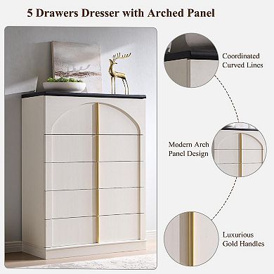 Modern Arched 5-Drawer Dresser Push-Open Metal Handles Bedroom Living Hall