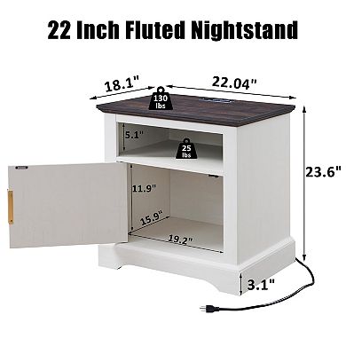 Fluted Nightstand with Charging Station Open Shelf Bedside Table