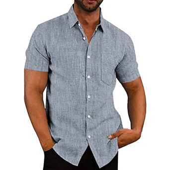 COOFANDY Men's Casual Button Down Shirt Chambray Plain Short Sleeve Dress Shirt