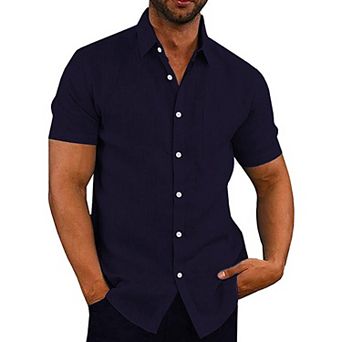 COOFANDY Men's Casual Button Down Shirt Chambray Plain Short Sleeve Dress Shirt